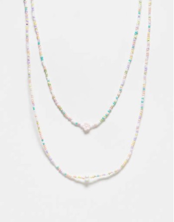 2 pack small beaded necklaces with pearl detail in multi
