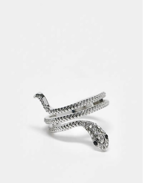 Curve ring with wrap around snake detail in silver tone