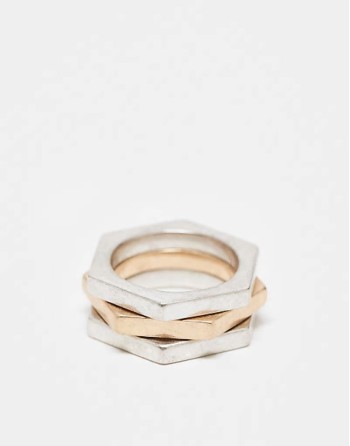 hex triple band ring in mixed metal