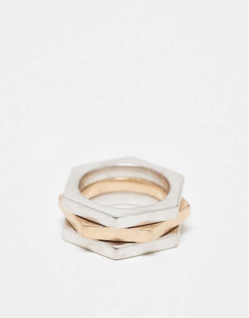 hex triple band ring in mixed metal