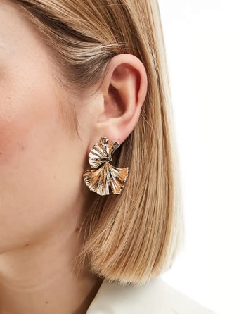 drop earrings with textured leaf design in gold tone